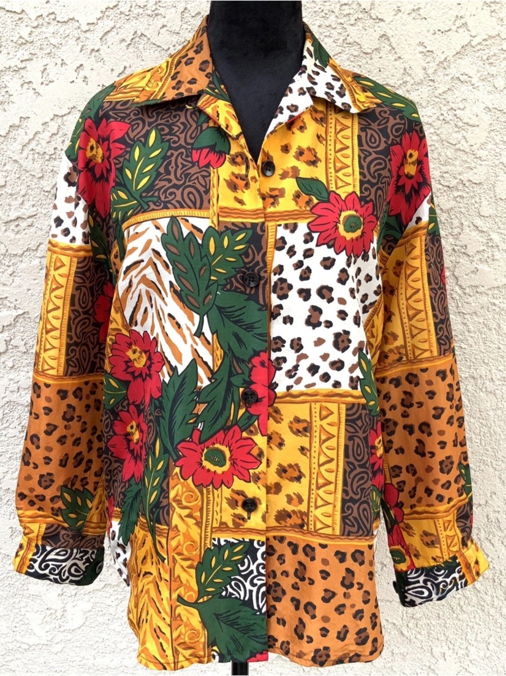 Vintage Laura & Jayne 100% Silk Patchwork Animal Floral Shirt Petite S